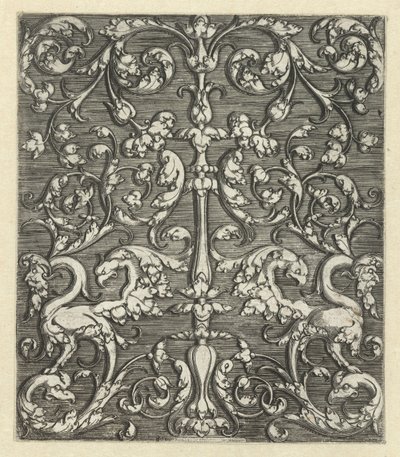 Ornamento con due animali fantastici e candelabro da Monogrammist IG
