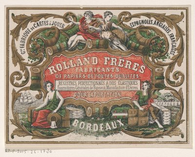 Biglietto da visita di Rolland Frères, fabbricante di carta a Bordeaux da Monogrammist PC (lithograaf)