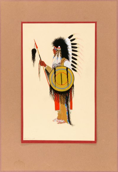 Guerriero Cheyenne con copricapo di piume e scudo da Monroe Tsatoke