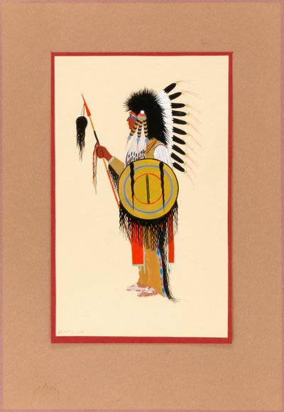 Guerriero Cheyenne con copricapo di piume e scudo da Monroe Tsatoke