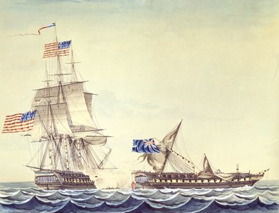 Ingaggio navale tra la fregata statunitense Constitution e la fregata H.M. Java (acquerello su carta) da Montardier Montardier