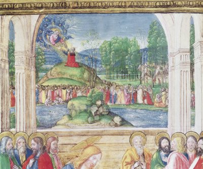 Mosè riceve le Tavole della Legge da Dio, da un salterio scritto da Don Appiano della Chiesa della Badia Fiorentina, Firenze, 1514-15 (dettaglio) da Monte di Giovanni del Fora