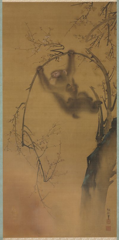 Scimmie su un Ciliegio, Scimmie su una Roccia, 1615-1868 da Mori Sosen