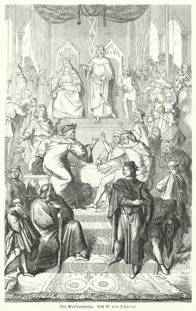 Il Sangerkrieg, una gara tra menestrelli al castello di Wartburg in Turingia nel 1207 (incisione) da Moritz Ludwig von (after) Schwind
