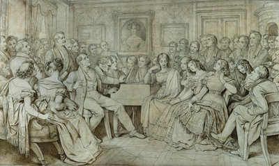 Una serata dal barone Spaun, Schubert al pianoforte, il tenore Johann Michael Vogl che canta ... (inchiostro, seppia) da Moritz Ludwig von Schwind