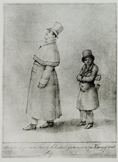 Johann Michael Vogl e Franz Schubert in marcia verso la battaglia e la vittoria ... (incisione) da Moritz Ludwig von Schwind