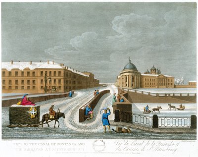 Veduta del canale di Fontanka e delle caserme, illustrazione per novembre da Un anno a San Pietroburgo inciso da John H. Clark, colorato da M. Dubourg. pub. 1815 a Londra da Edward Orme da Mornay