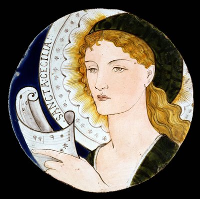 Piastrella di Morris e Company raffigurante Santa Cecilia, disegnata da Edward Burne-Jones (1833-98), dipinta da Kate Faulkner, c.1865 da Morris and Company