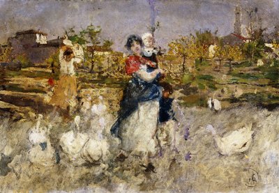 Una madre e un bambino con le oche da Mose Bianchi