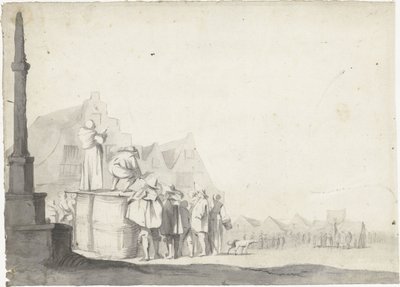 Piazza del mercato con banditore su una botte da Moses ter Borch (possibly)