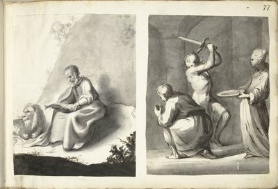 San Girolamo nel deserto e decapitazione di San Giovanni Battista da Moses ter Borch (signed by artist)