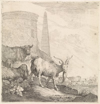 Capre e mucche presso una torre rotonda con un obelisco (Animali quadrupedi, titolo della serie) da Moyses van Wtenbrouck