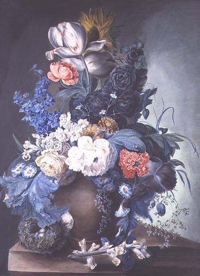 Gruppo di fiori in un vaso e nido d