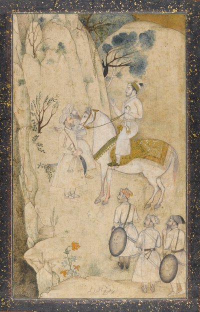 Un principe a cavallo, con cinque attendenti, che osservano una cascata da Mughal School