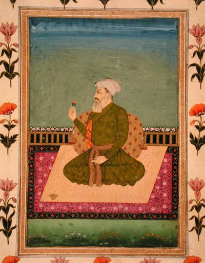 Un sovrano seduto su un tappeto o terrazza, che tiene un fiore, dal Piccolo Album Clive da Mughal School