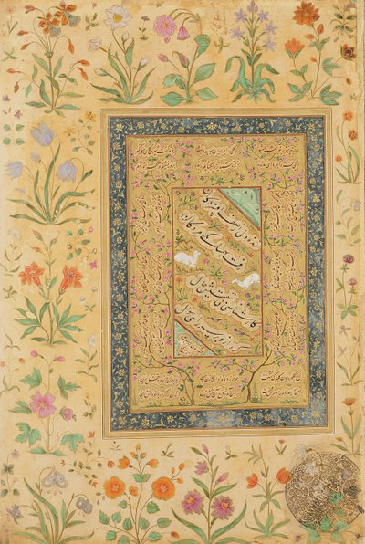 Calligrafia del maestro iraniano Ali al-Mashhadi (1442-1519) in una montatura Mughal da Mughal School