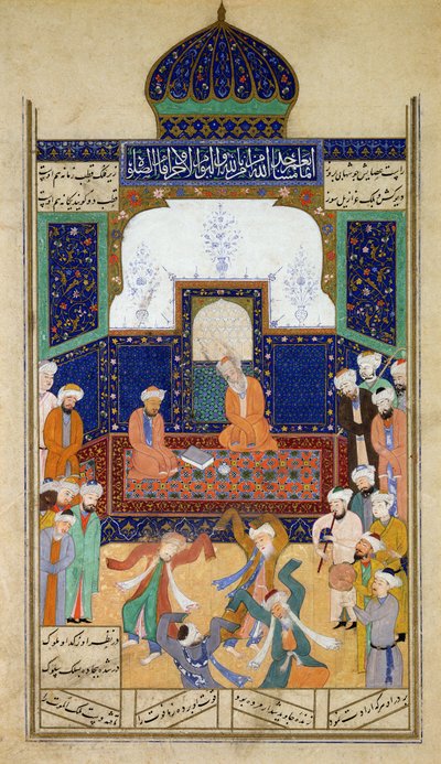 Dervisci che Ballano al Suono della Musica Davanti al loro Shaik e a un Discepolo, da Khamsah del Principe Khusrau, Matla al-Anvar, 1485 (890 Hijra) da Mughal School