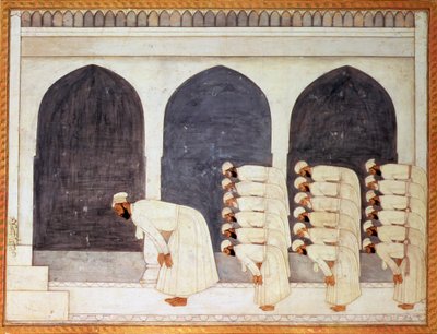 Un principe Moghul in una moschea che guida le preghiere del venerdì dal grande Album Clive, Mughal, c.1720 da Mughal School