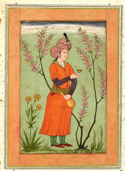 Figura principesca iraniana che tiene una coppa e una fiaschetta, c.1640, dal Grande Album Clive da Mughal School