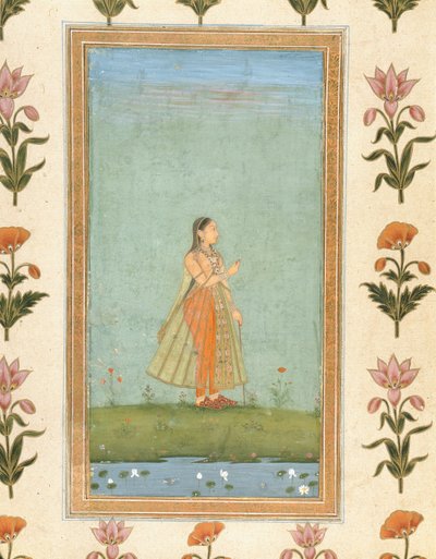Signora che tiene un fiore, in piedi vicino a uno stagno di gigli, dal Piccolo Album Clive da Mughal School