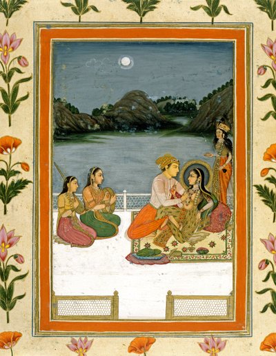 Amanti su una terrazza vicino a un lago illuminato dalla luna, dal Piccolo Album Clive da Mughal School