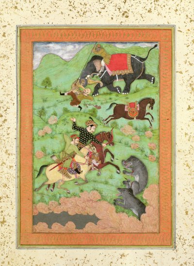 Principi Rajput che cacciano orsi; un mahout e il suo elefante salvano un cavaliere caduto da una tigre, dal Grande Album Clive da Mughal School