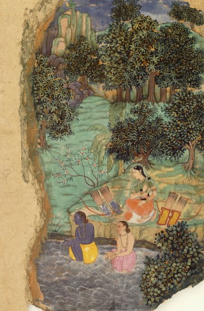 Rama e Lakshmana offrono acqua al loro padre morto sulle rive del fiume Mandakini da Mughal School