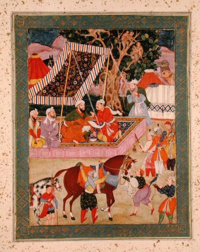 Scena durante una spedizione di falconeria, dal Grande Album Clive, c.1570 da Mughal School