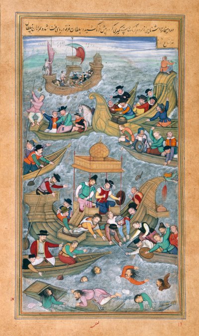 Sultano Bahadur e Rumi Khan che saltano in mare quando circondati da barche portoghesi, dall