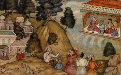 Villagers Paying Homage to a Man and his Family Seated on a Garlanded Verandah, c.1585 da Mughal School