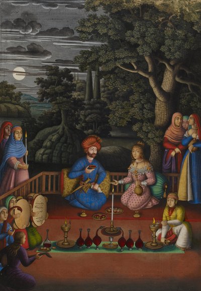 Episodio dalla storia della Principessa Indiana: visita del Re Turktazī al giardino magico di Turktaz, Regina delle Fate, MS OR.2265, f.221v da Muhammad Zaman