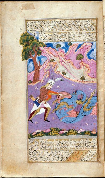 Rustam uccide il drago. Miniatura dal manoscritto epico Shahname di Ferdowsi da Muin Musavvir