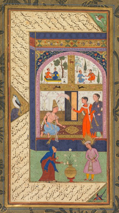 Zulaykha nel suo palazzo e come vecchia con Giuseppe, da un Panj Ganj (Cinque Tesori) di Abd al-Rahman Jami; Verso: Da un Panj Ganj di Abd al-Rahman Jami, con due masnavis: Yusuf va Zulaykha (Giuseppe e Zulaykha) da Mushfiq