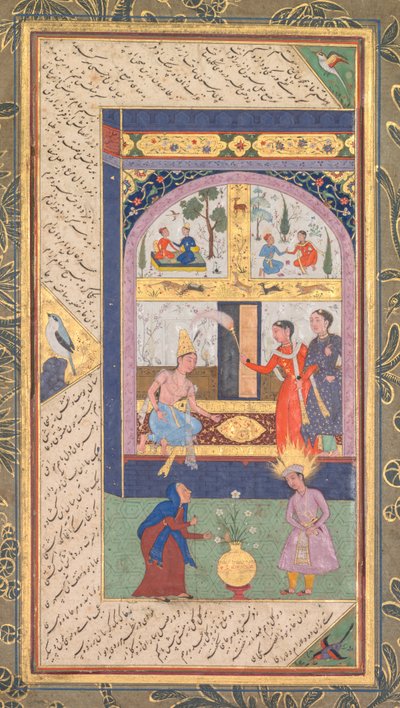 Zulaykha nel suo palazzo e come una vecchia con Giuseppe, da un Panj Ganj Cinque Tesori..., 1603-1 da Mushfiq