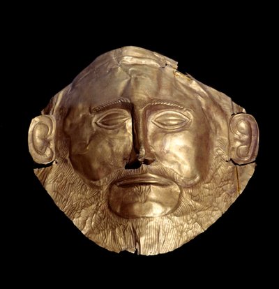 Maschera funeraria in oro micenea conosciuta come Maschera di Agamennone da Mycenaean