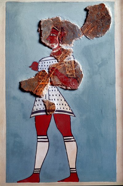 Arte micenea: guerriero. Frammento di affresco dal palazzo di Tirinto e ricostruzione da Mycenaean