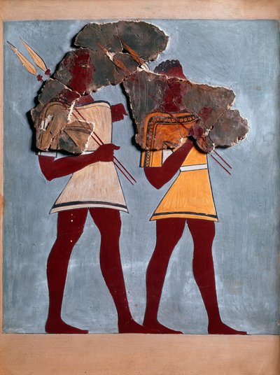 Arte micenea: guerrieri. Frammento di affresco dal palazzo di Tirinto e ricostruzione da Mycenaean