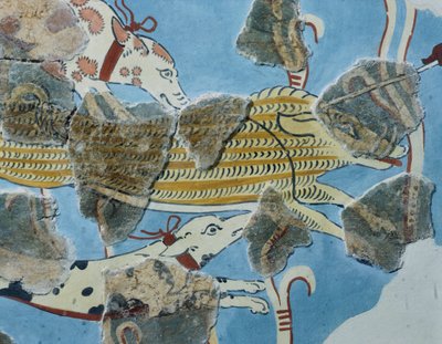 Affresco dal Palazzo di Tirinto (Grecia). Dettaglio: gruppo di cani che attaccano un cinghiale selvatico. Civiltà micenea da Mycenean