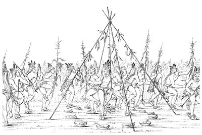 Uomini di medicina danzano intorno a una pentola dando grazie al Grande Spirito, 1841 da Myers and Co