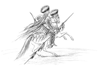 Nativo americano maschio con armi e copricapo, a cavallo, 1841 da Myers and Co
