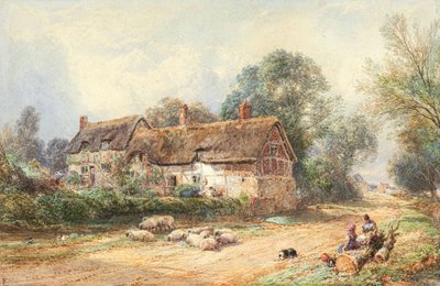 Un cottage con tetto di paglia su una corsia da Myles Birket Foster