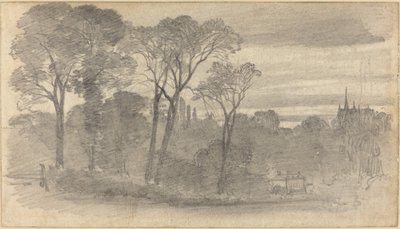 Un paesaggio serale con una cattedrale in lontananza da Myles Birket Foster