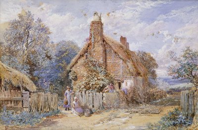 Bambini vicino a un Cottage con il Tetto di Paglia a Chiddingfold da Myles Birket Foster