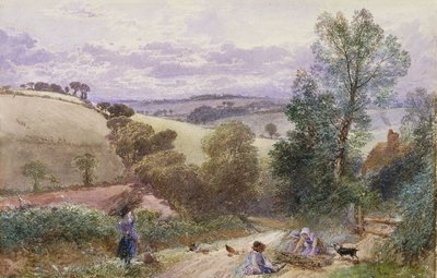 Figure che raccolgono ramoscelli lungo una strada da Myles Birket Foster