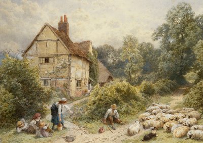 Fowl House Farm, Witley, con bambini, un pastore e un gregge di pecore nelle vicinanze da Myles Birket Foster