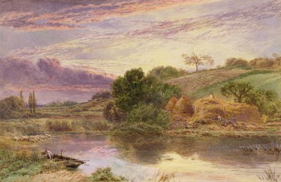 Fienaioli accanto a un fiume alla sera da Myles Birket Foster