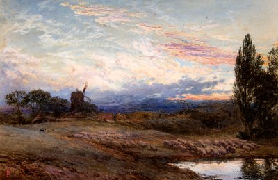 Pecore che si abbeverano al tramonto da Myles Birket Foster