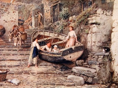 Veduta di Clovelly, con barca arenata e figure, 1882 da Myles Birket Foster