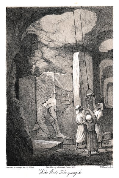 Scavo di un bassorilievo del dio pesce Dagon, Ninive, 1853 da N. Chevalier