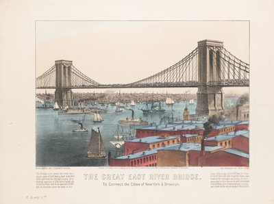 Il grande ponte del fiume East: per collegare le città di New York e Brooklyn, c.1872 da Nathaniel Currier